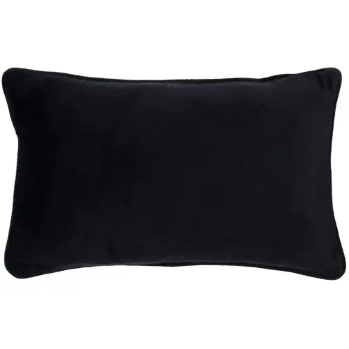 Rectangular shaped black velvet cushion with colourful embroidered feathers and matching black piped edge, complete with feather insert. Available to purchase at Albury House Interiors.