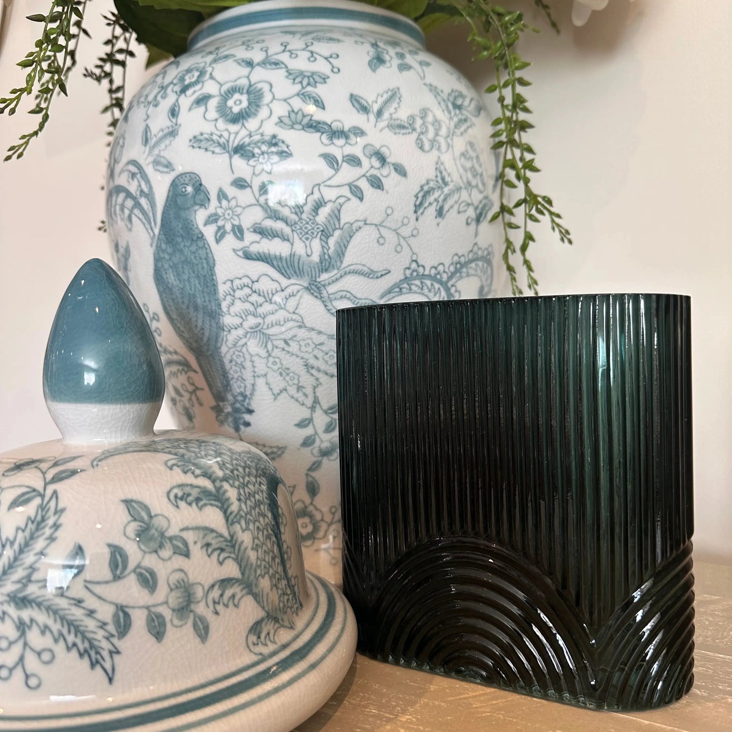 green-ribbed-arches-vase-with-senegal-patterned-ginger-jar-at-albury-house-interiors-essex