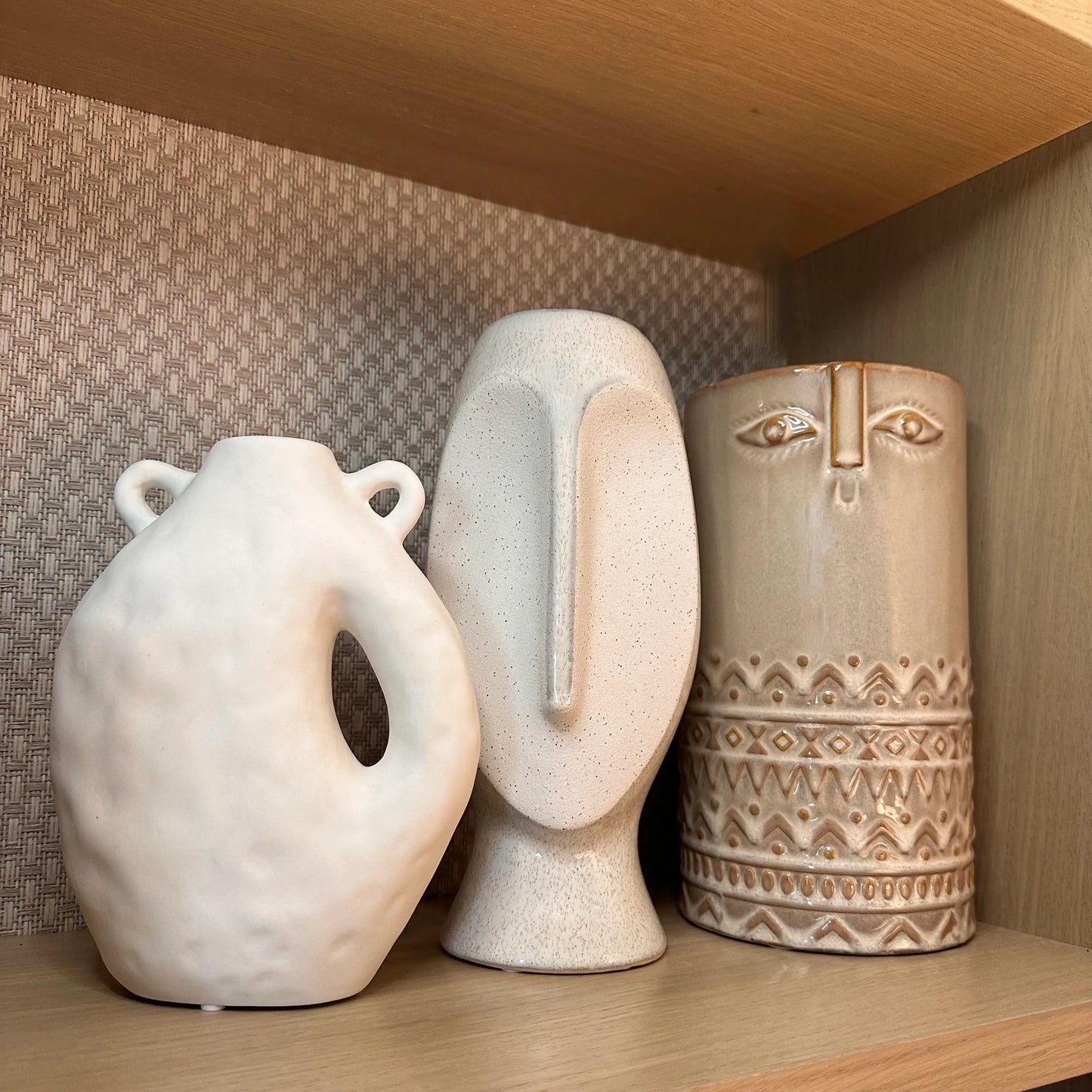 cream-textured-face-vase-with-neutral-aztec-patterned-face-vase-at-albury-house-interiors