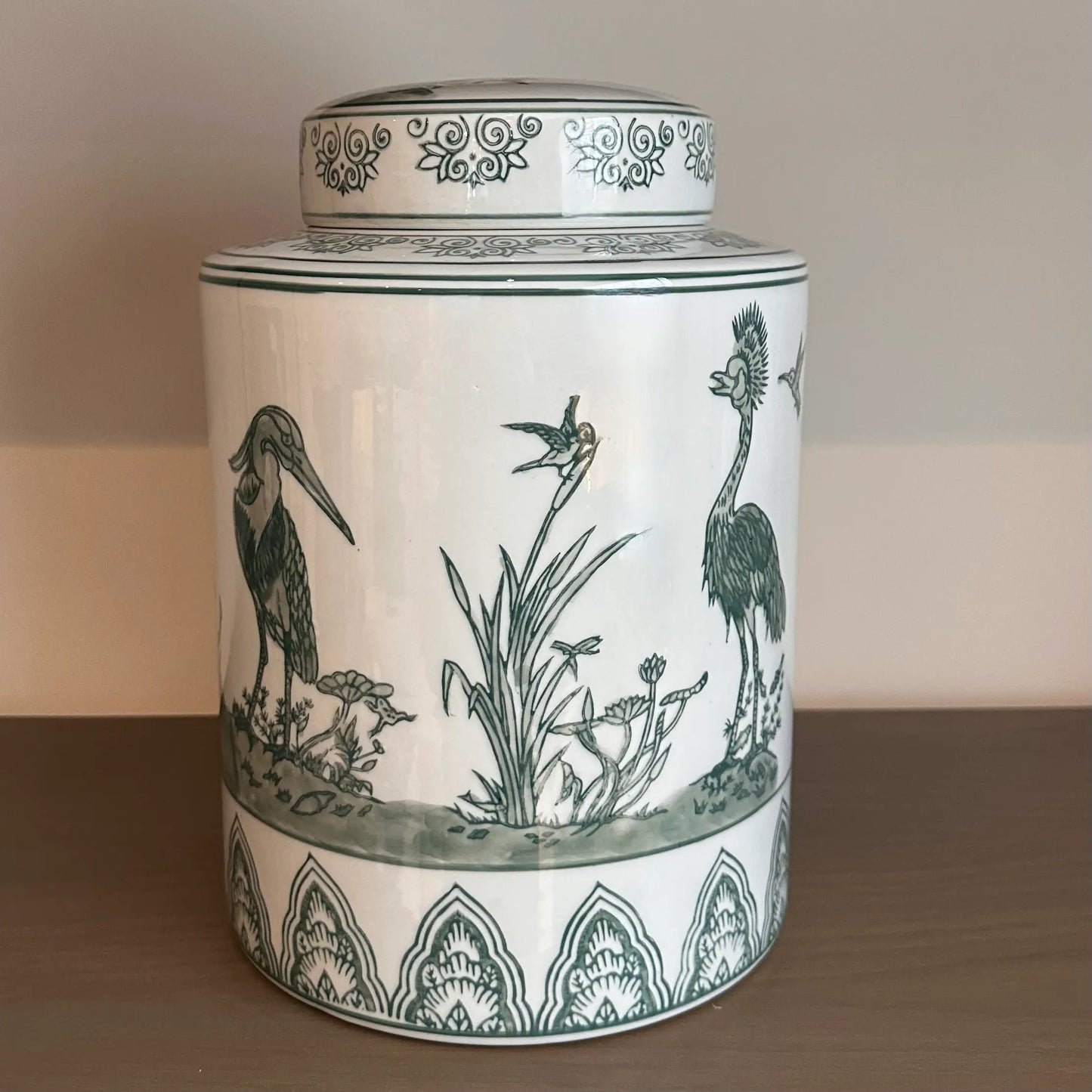 birds-white-and-sage-green-ceramic-lidded-ginger-jar-at-albury-house-interiors