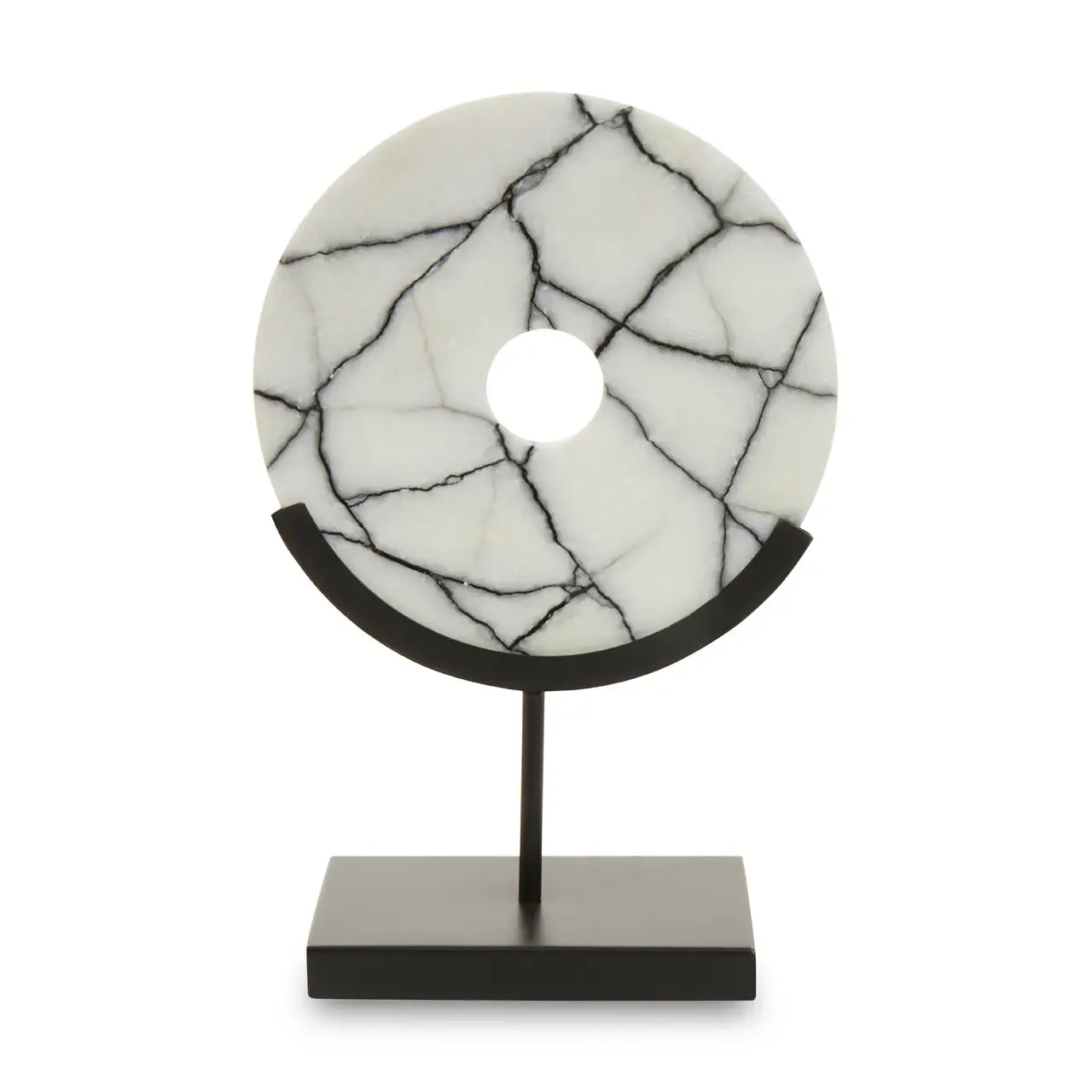 black-and-white-marble-round-disc-on-matt-black-stand-at-albury-house-interiors