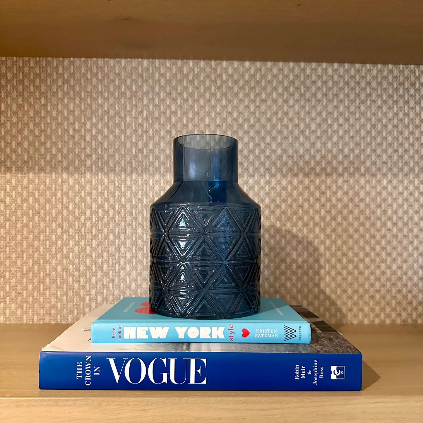 blue-glass-aztec-vase-on-crown-in-vogue-coffee-table-book-at-albury-house-interiors