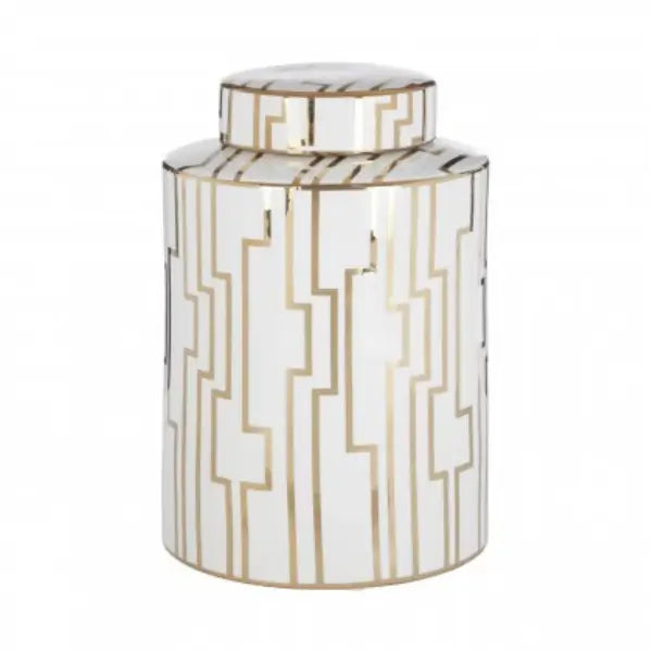 Cameron-white-and-metallic-gold-patterned-ceramic-ginger-jar-with-lid-in-size-small-at-albury-house-interiors-matching-tye-harlow-essex