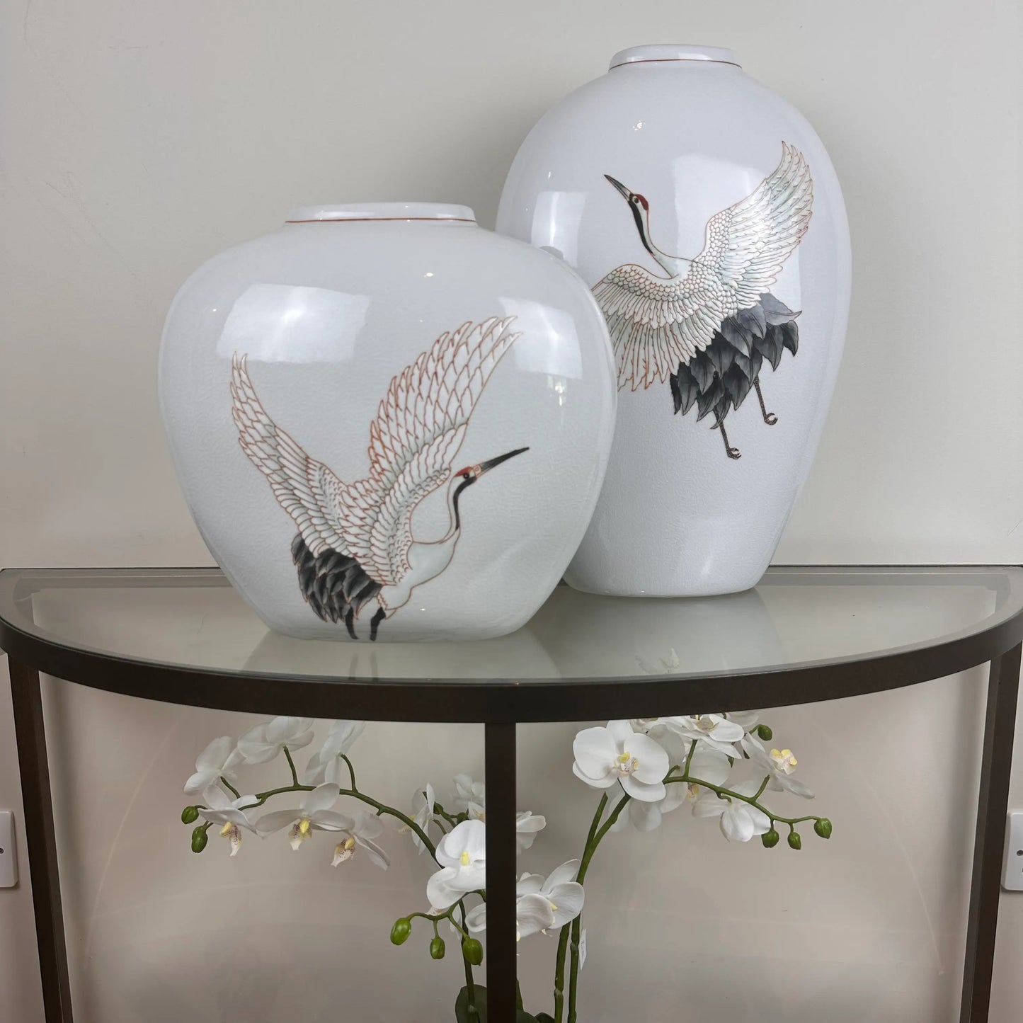 small-and-large-ceramic-crackle-glaze-crane-vases-with-outstretched-wings-at-albury-house-interiors