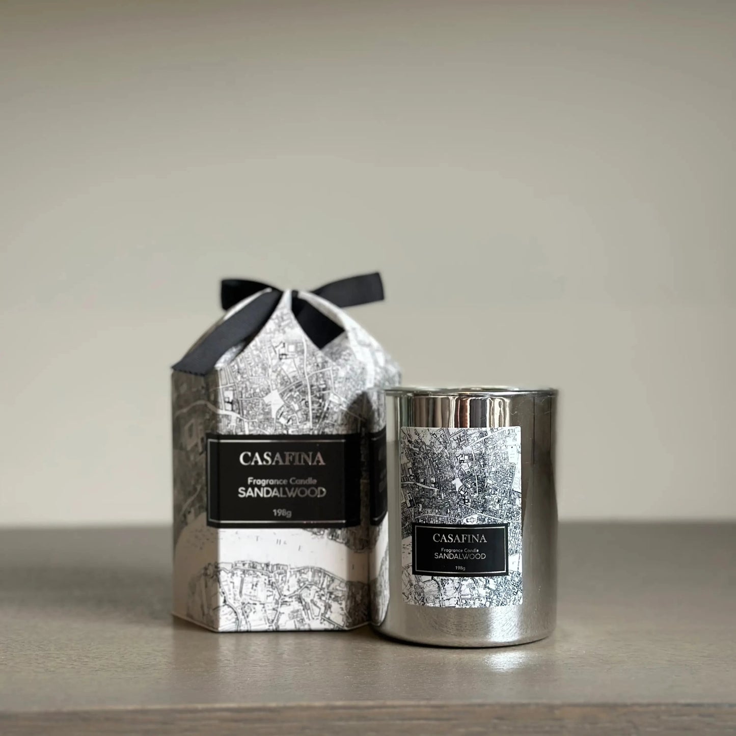 chrome-glass-sandalwood-baby-powder-scented-casafina-candle-in-black-and-white-gift-box-at-albury-house-interiors-shop-essex