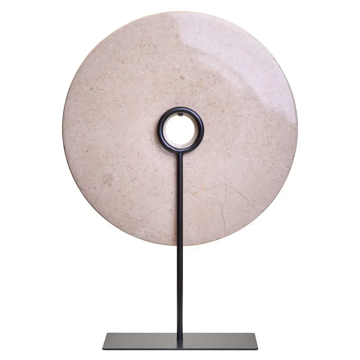 coco-cream-neutral-natural-marble-round-disc-sculpture-on-black-plinth-stand-at-albury-house-interiors-accessories-for-interior-designers