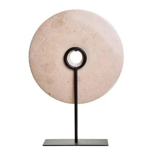 coco-natural-cream-marble-round-disc-sculpture-on-black-iron-stnd-at-albury-house-interiors-essex-interior-design-accessories