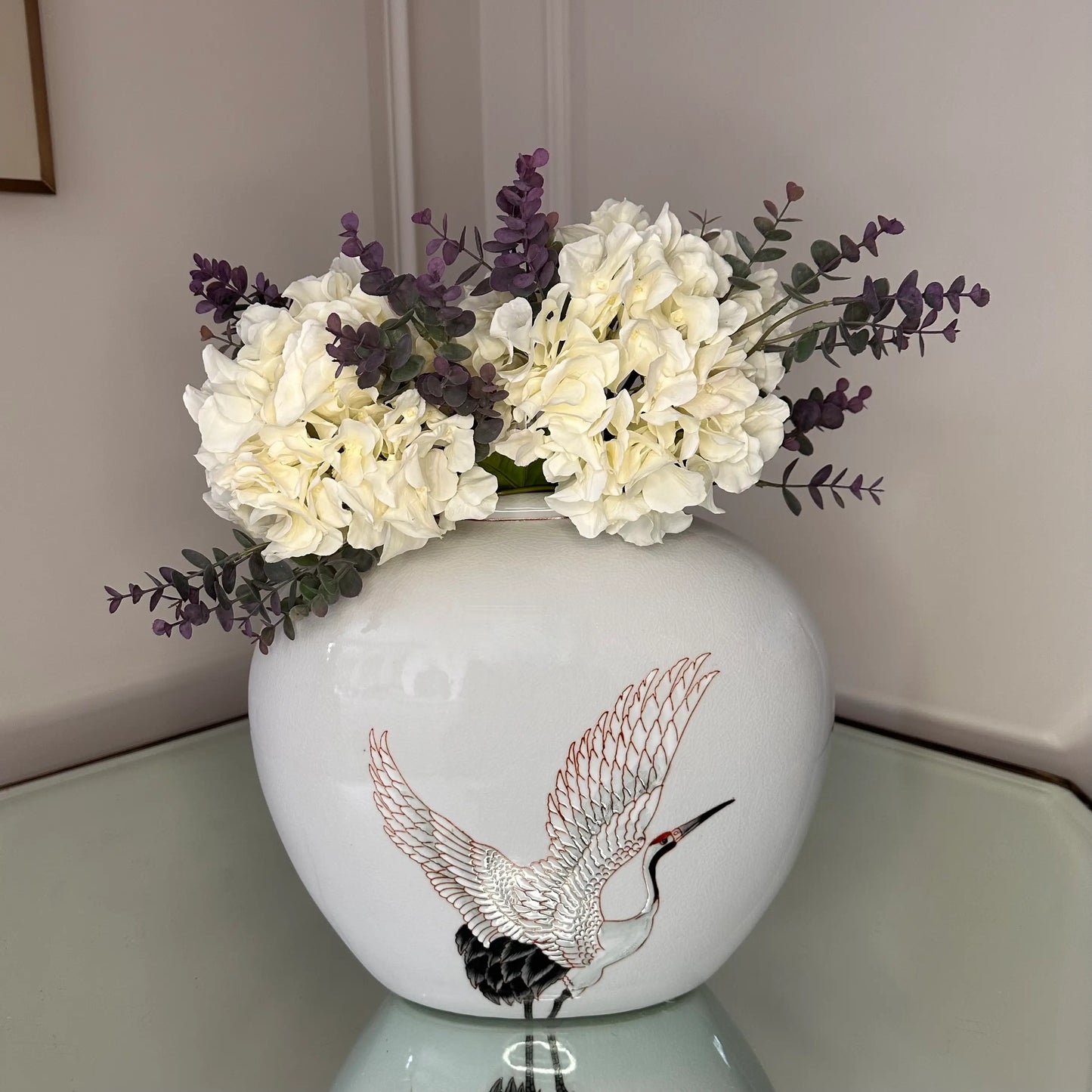 medium-sized-white-crackle-ceramic-glazed-crane-vase-with-faux-flowers-at-albury-house-interiors