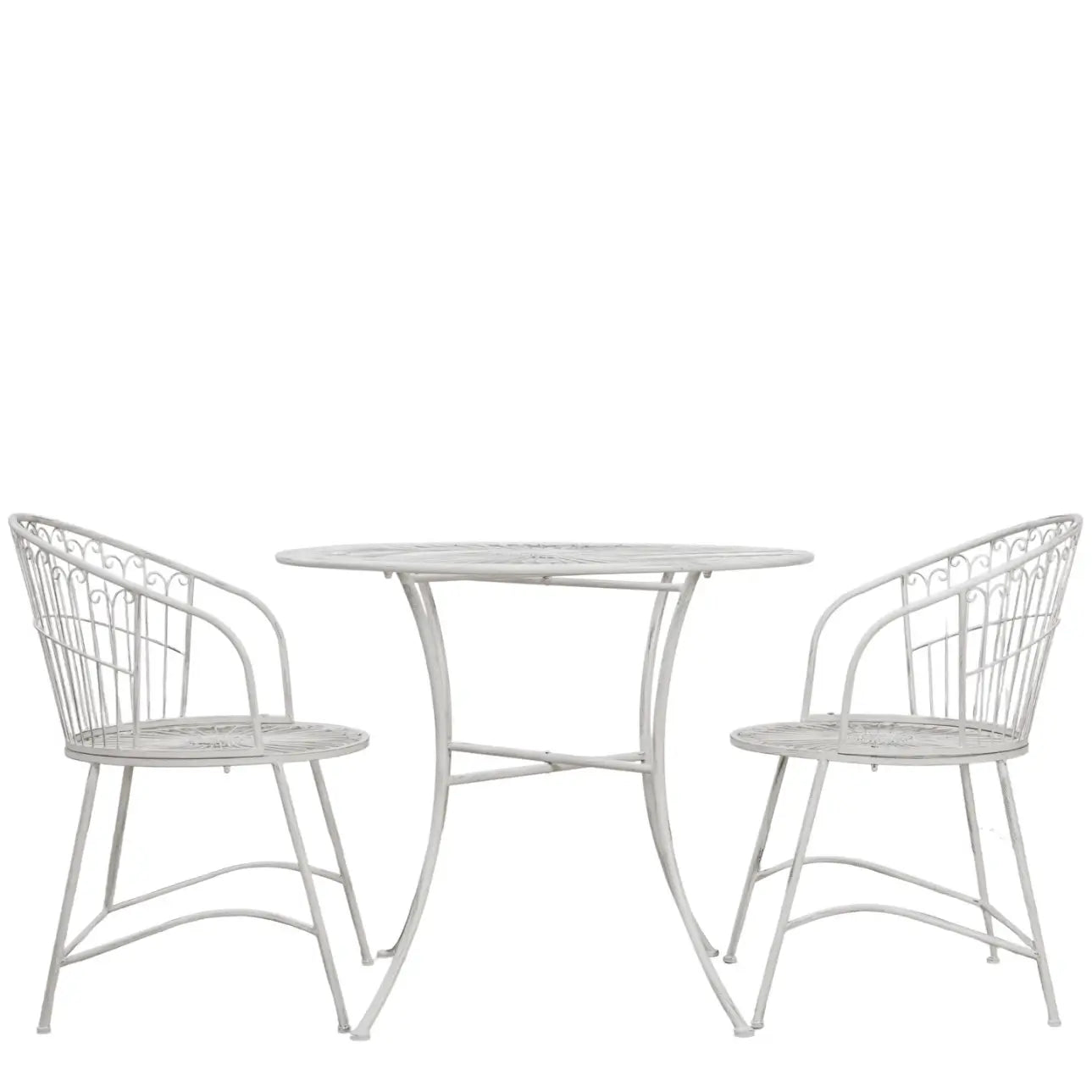 white metal outdoor table and two chairs on a patio deck from Albury house interiors essex