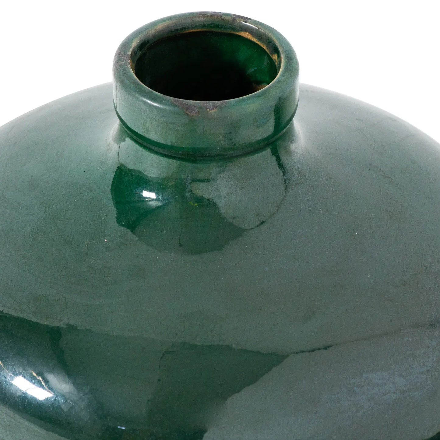 Emerald green ceramic bottle vase with crackle pattern all over and distressed detail. Available to purchase at Albury House Interiors.