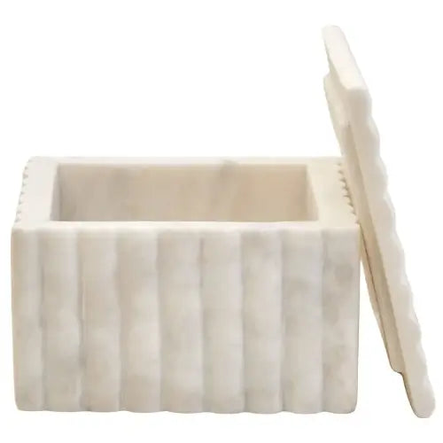 Natural white marble square trinket box with fluted detail all over, complete with matching lid. Available to purchase from Albury House Interiors.