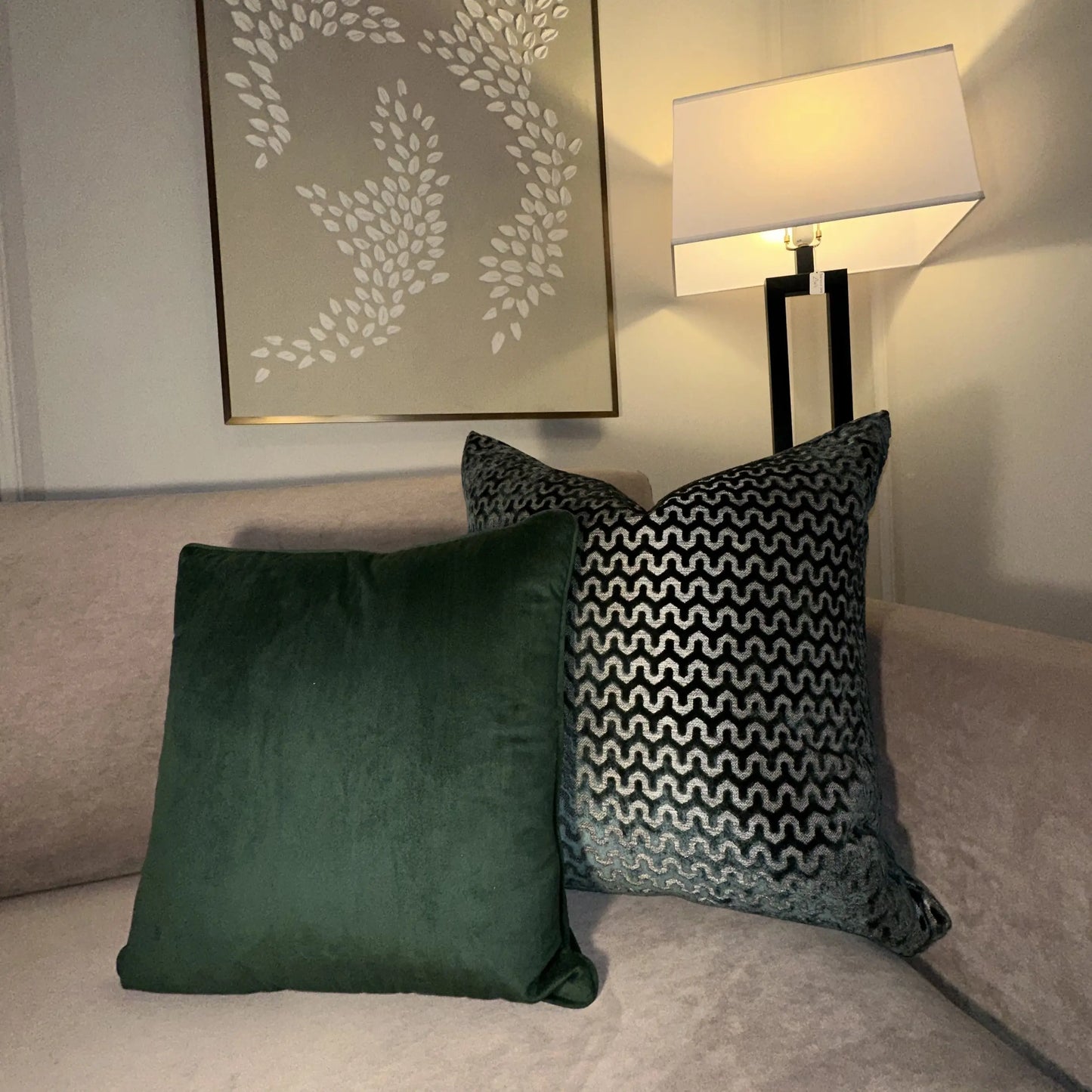 forest-green-velvet-cushion-with-honeycomb-green-cuhsion-at-albury-house-interiors
