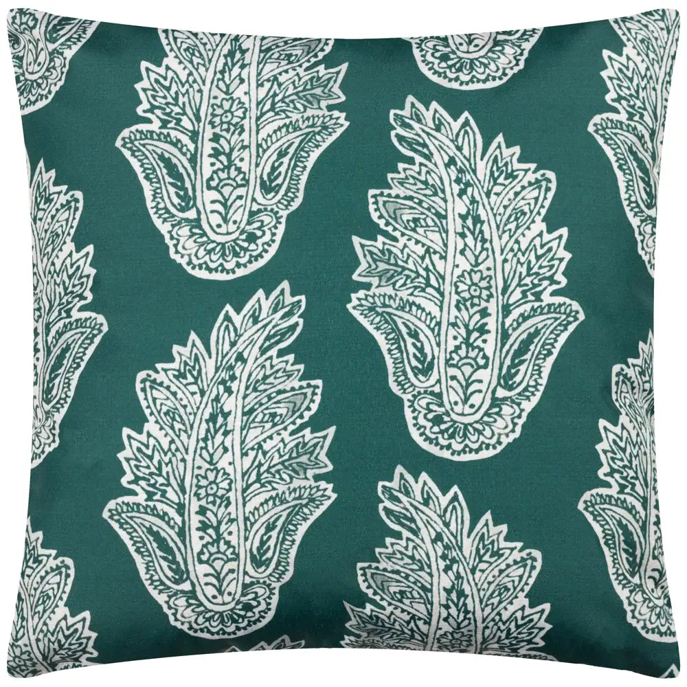 green-and-white-paisley-pint-patterned-reversible-outdoor-waterproof-garden-cushion-at-albury-house-interiors-homewares-shop-in-essex-hertfordshire