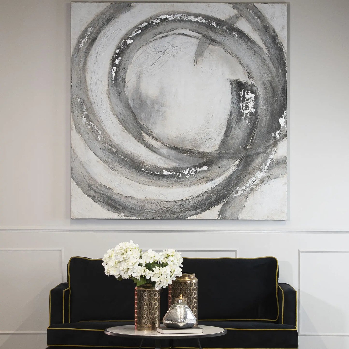 grey-and-white-monochrome-swirls-artwork-on-square-canvas-at-albury-house-interiors-essex