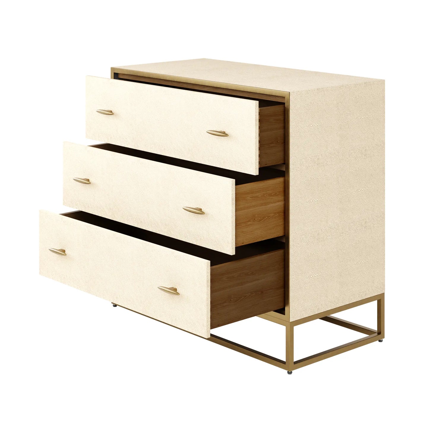 faux-ivory-shagreen-chest-of-thre-drawers-with-brushed-brass-legs-frame-and-handles-at-albury-house-interiors