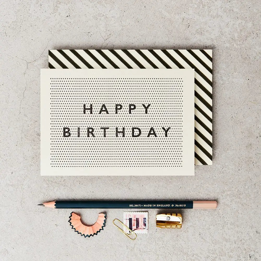 Katie-leamon-monochrome-black-and-white-pin-point-happy-birthday-greetings-card-t-albury-house-interiors
