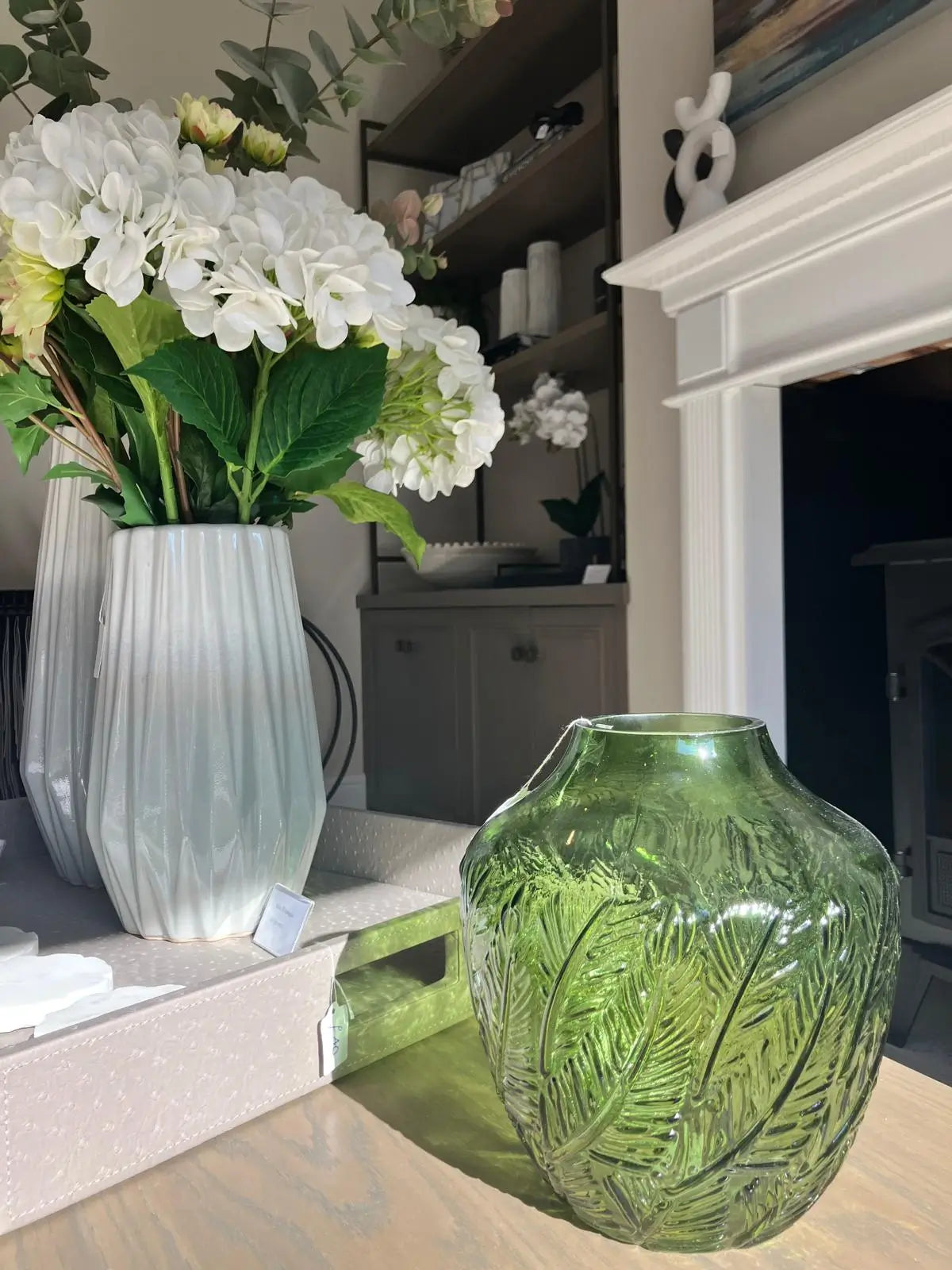 kew-green-glass-botanical-vase-on-coffee-table-at-albury-house-interiors