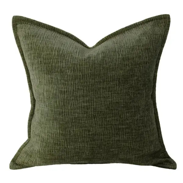 Kyriad-chenille-olive-green-textured-square-cushion-with-feather-insert-at-albury-house-interiors
