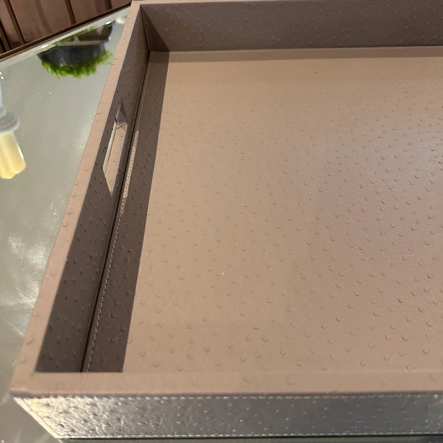 large-rectangular-ostrich-leather-coffee-table-tray-with-handles-in-grey-with-mauve-undertone-at-albury-house-interiors