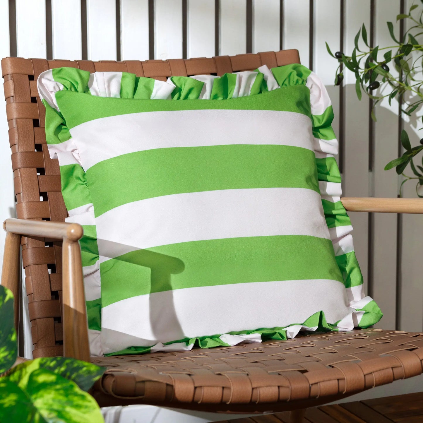 lime-green-and-white-double-sided-striped-outdoor-cushion-with-ruffle-edge-at-albury-house-interiors