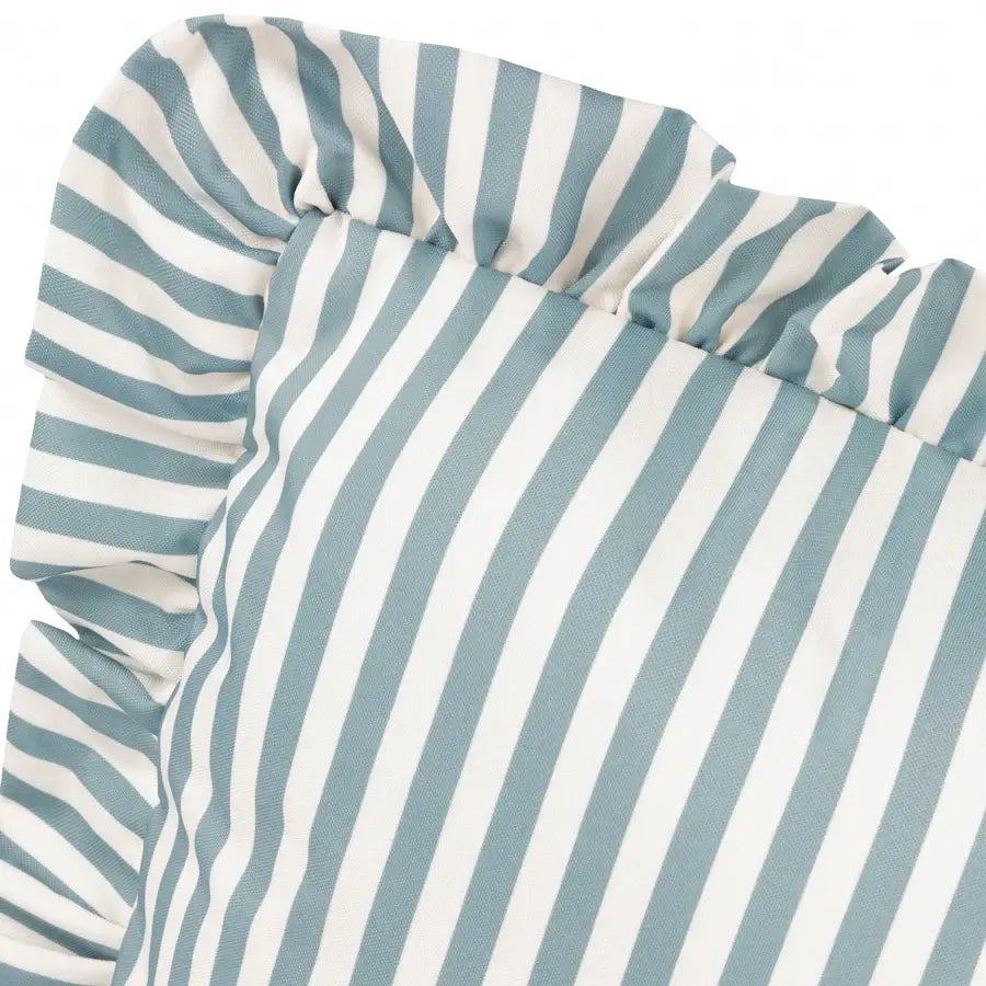 lottie-square-water-resistant-outdoor-cushion-with-white-and-duck-egg-blue-striped-and-ruffled-detail-edge-at-albury-house-interiors