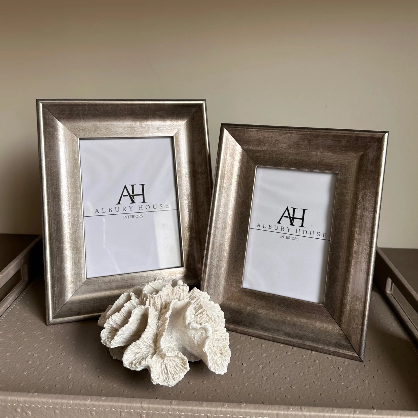 Madrid dark antique silver wooden photo frames in sizes 4x6 and 5x7 at Albury House Interiors, Matching Tye Essex.