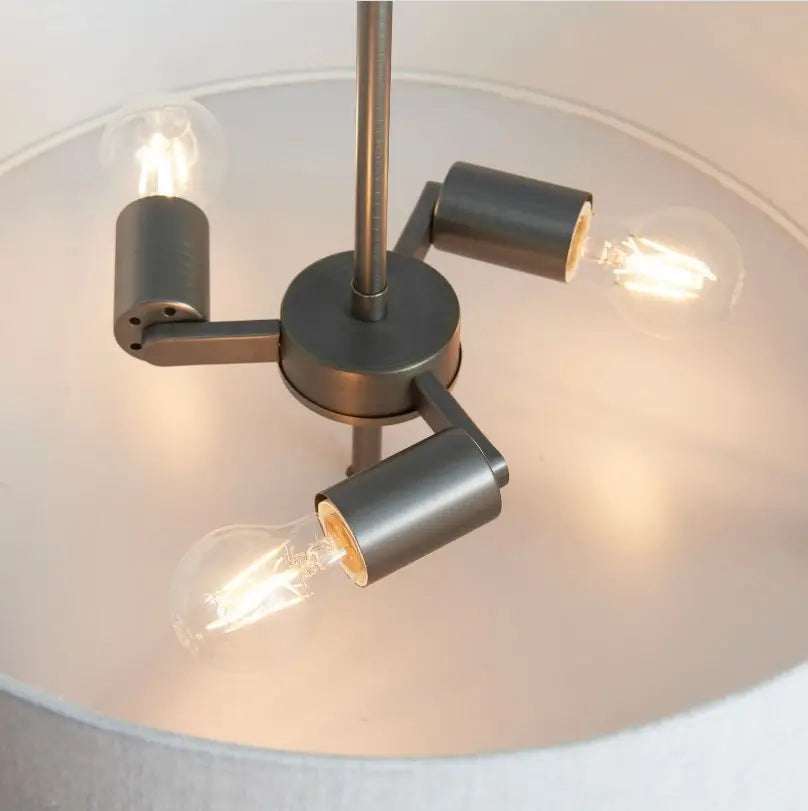 Minnesota round ceiling light, dark brushed bronze with 3 lightbulbs, finished with a linen effect lampshade at Albury House Interiors