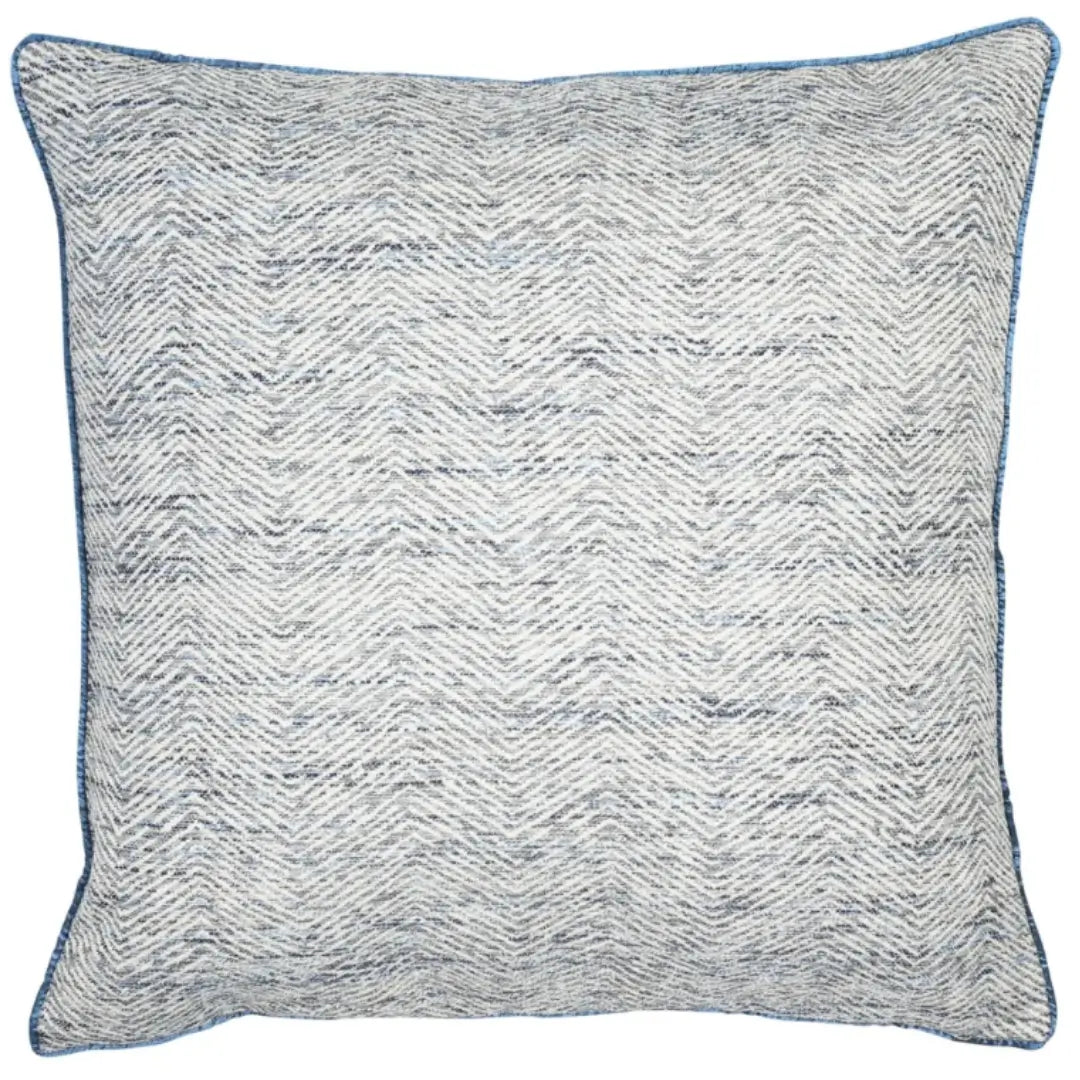 Navy zig zag patterned square cushion with matching piped edges and feather filled insert, available to purchase at Albury House Interiors.