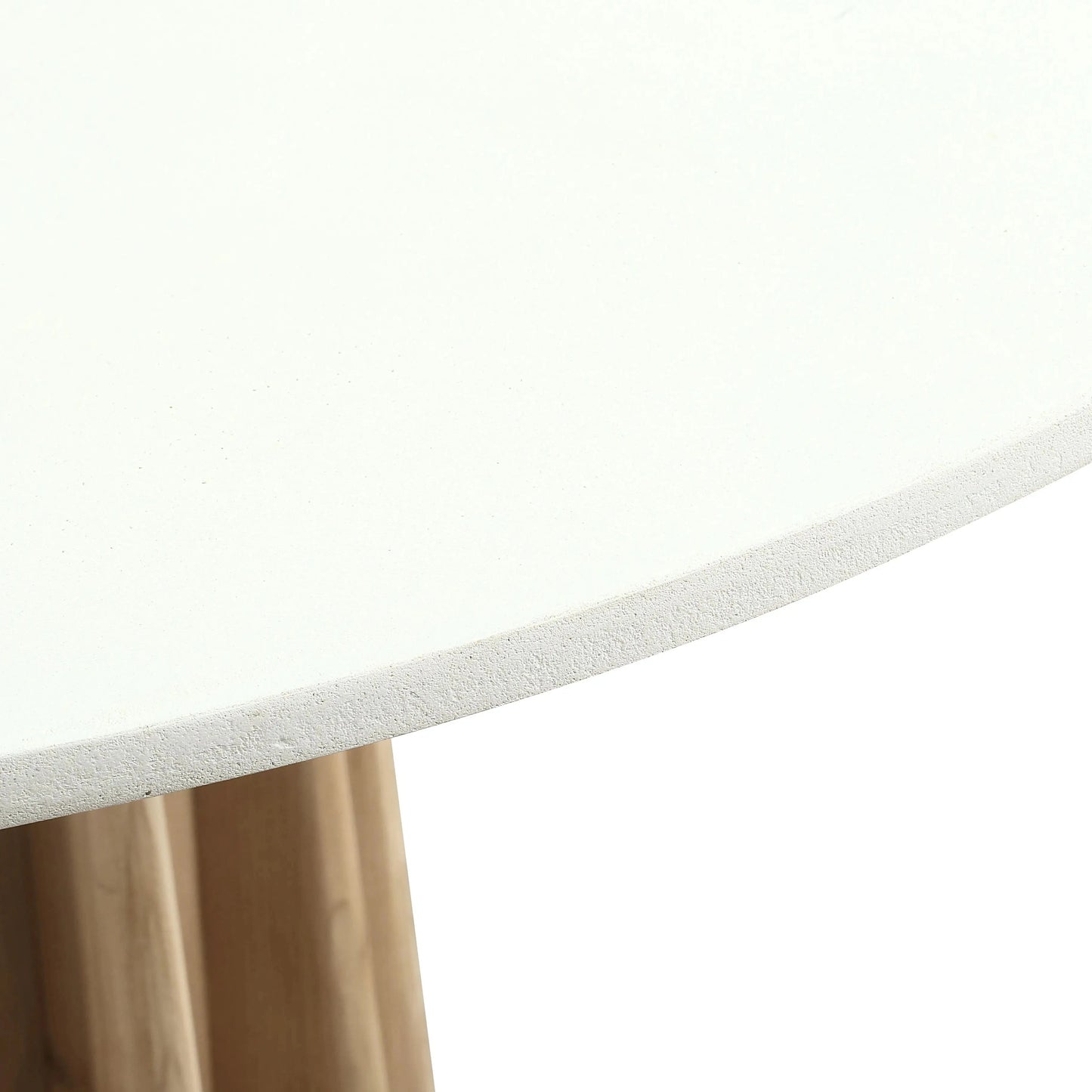 Round dining table with concrete table top finished in white, supported by a pine wood corrugated base. Available to purchase from Albury House Interiors.