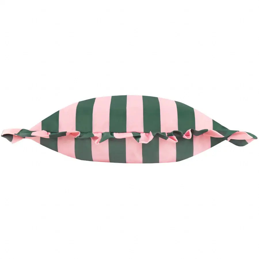 Baby pink and dark green thick striped outdoor double sided cushion with thick ruffled matching edge, fully water resistant. Available at Albury House Interiors.