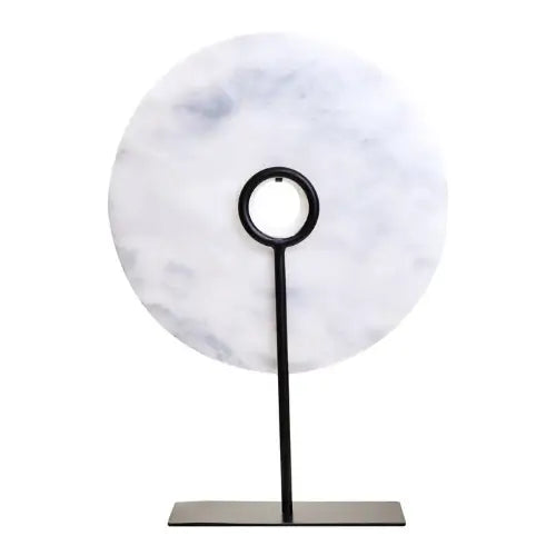 rayne-white-and-grey-natural-veined-marble-round-disc-sculpture-on-black-iron-stand-at-albury-house-interiors-supplying-interiors-design-accessories