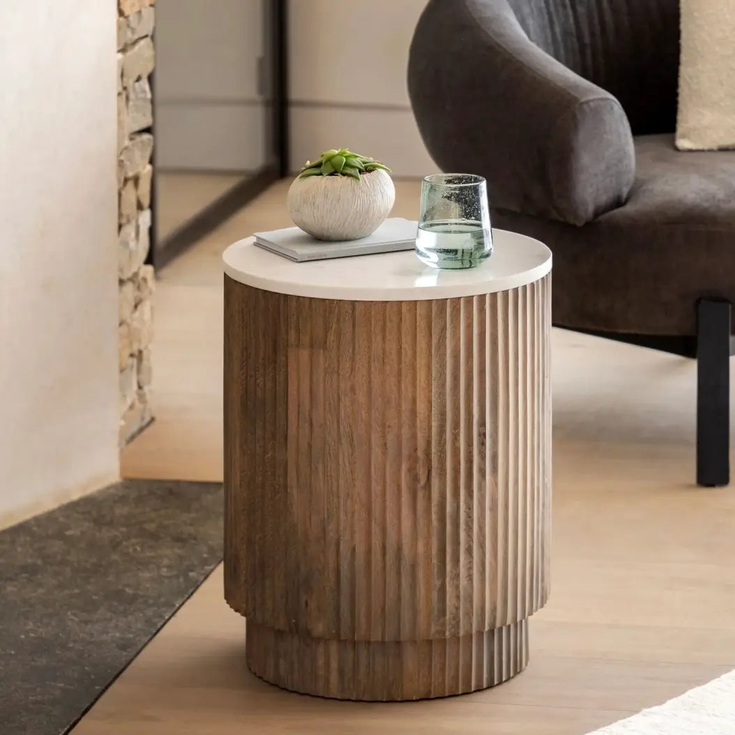 reeded-fluted-mango-wood-round-side-table-with-white-natural-marble-top-at-albury-house-interiors