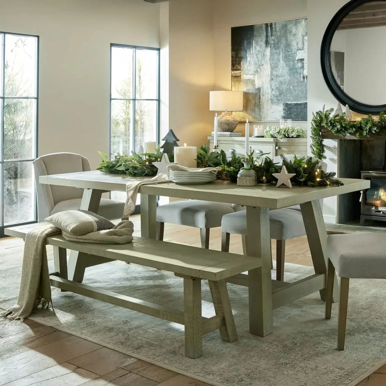 Sancerre-six-seater-stained-pine-wood-dining-table-with-matching-pine-wood-dining-bench-in-neutral-decorated-room-at-albury-house-interiors