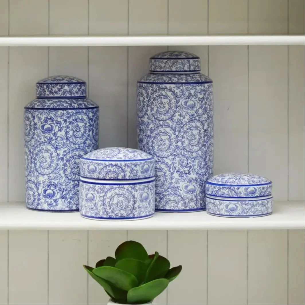 Santorini-blue-and-white-patterned-ceramic-lidded-jars-and-trinket-boxes-in-sizes-small-large-at-albury-house-interiors