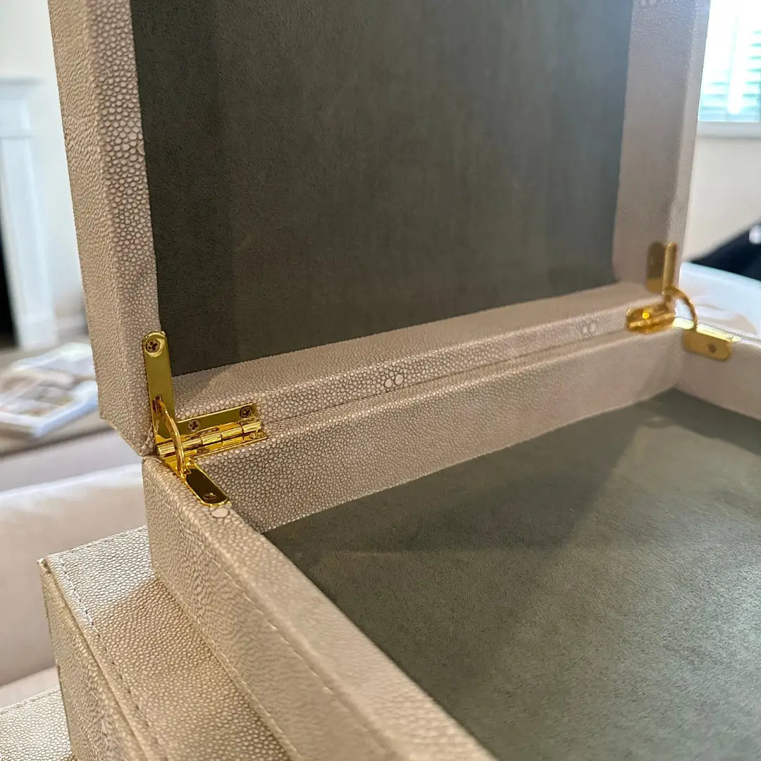 set-of-3-ivory-cream-shagreen-stacking-boxes-with-velvet-internals-and-brushed-brass-gold-handles-at-albury-house-interiors