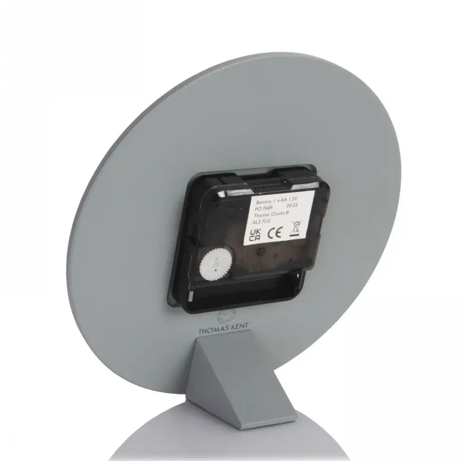grey-circular-thomas-kent-pale-blue-battery-powered-mantel-clock-with-white-hands-and-numbers-at-albury-house-interiors-essex