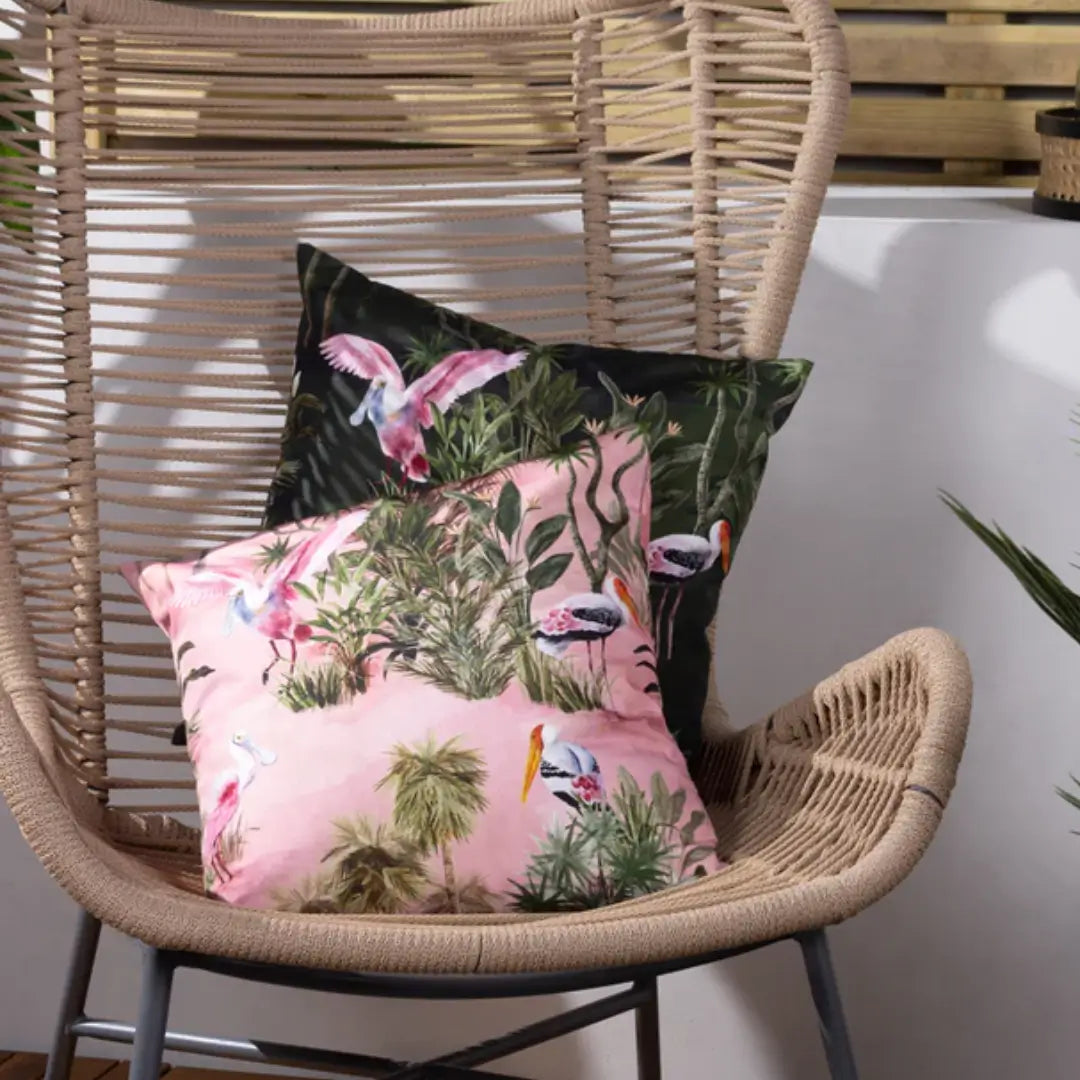 bottle-green-pelicn-tree-print-outdoor-cushion-at-albury-house-interiors