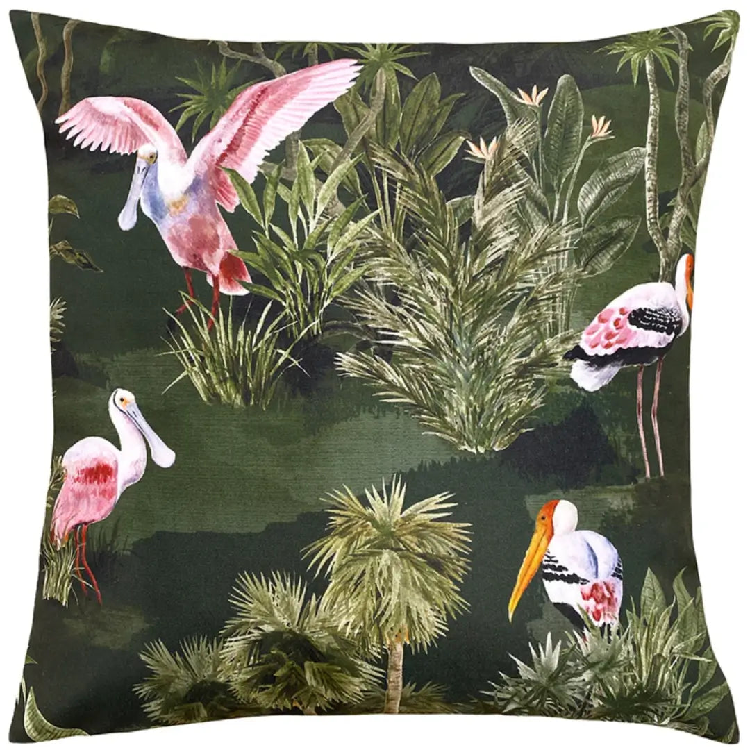 bottle-green-pelicn-tree-print-outdoor-cushion-at-albury-house-interiors