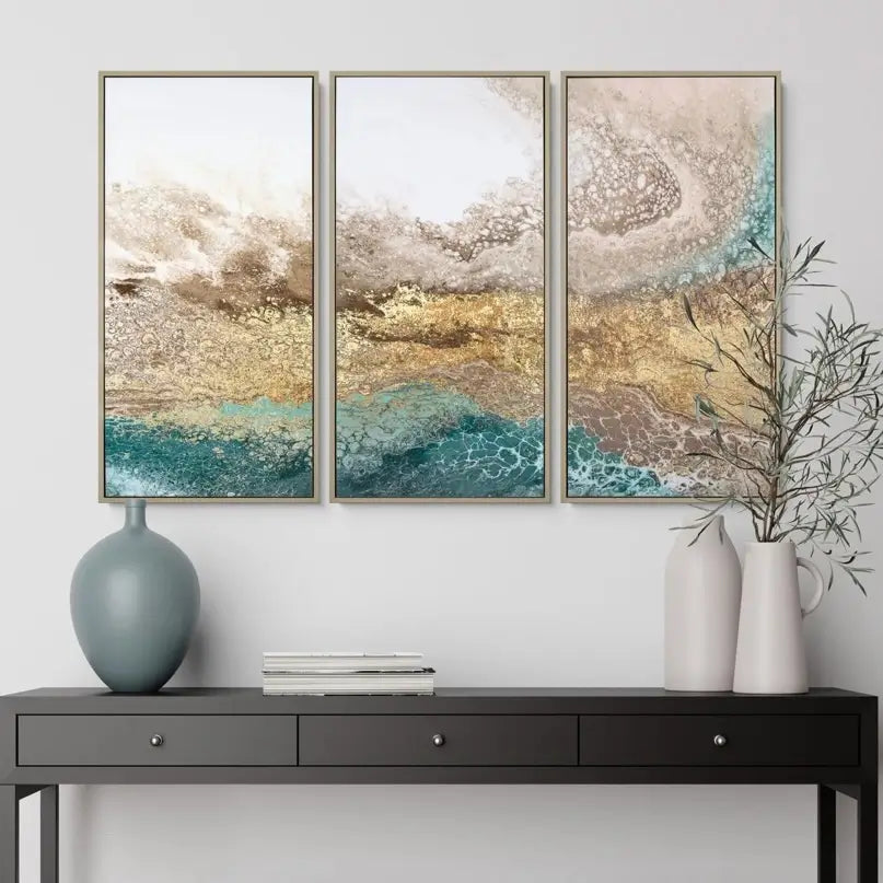 set-of-three-tideform-abstract-wall-art-pieces-with-earthy-tones-and-gold-metallic-foil-at-albury-house-interiors