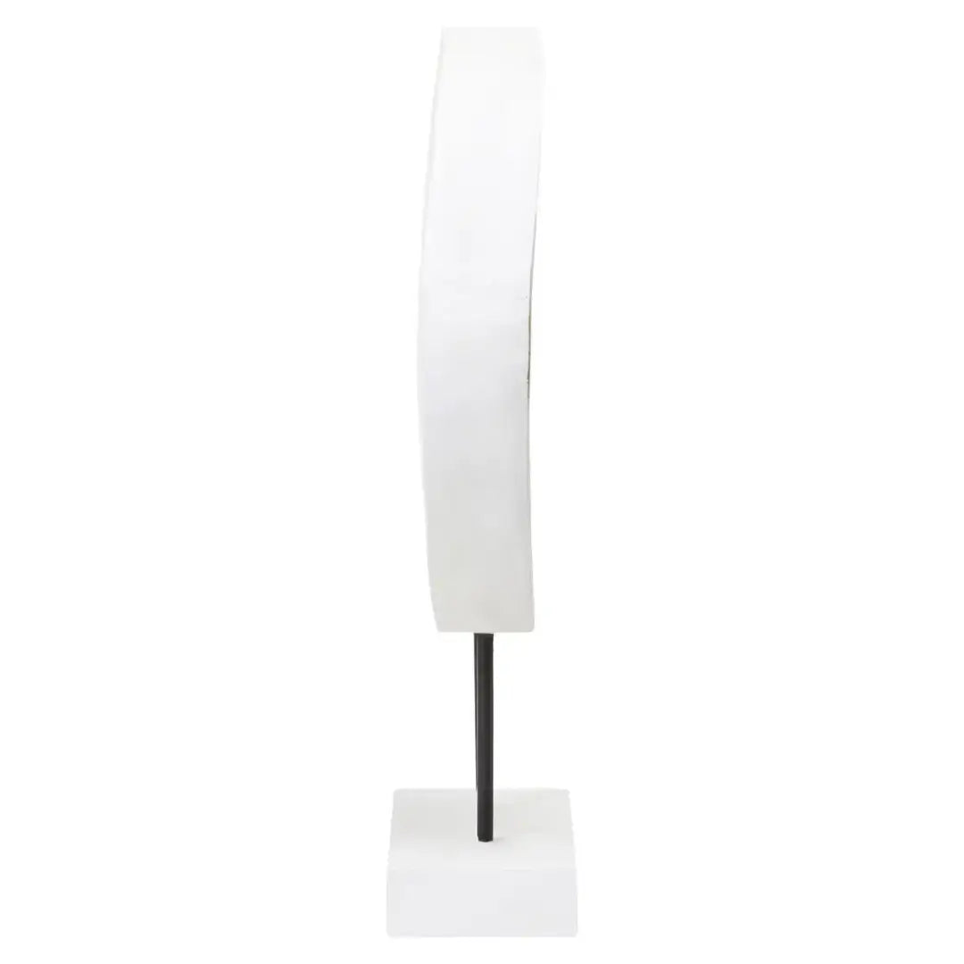 whitewash-wooden-carved-disc-sculpture-on-black-stand-at-albury-house-interiors