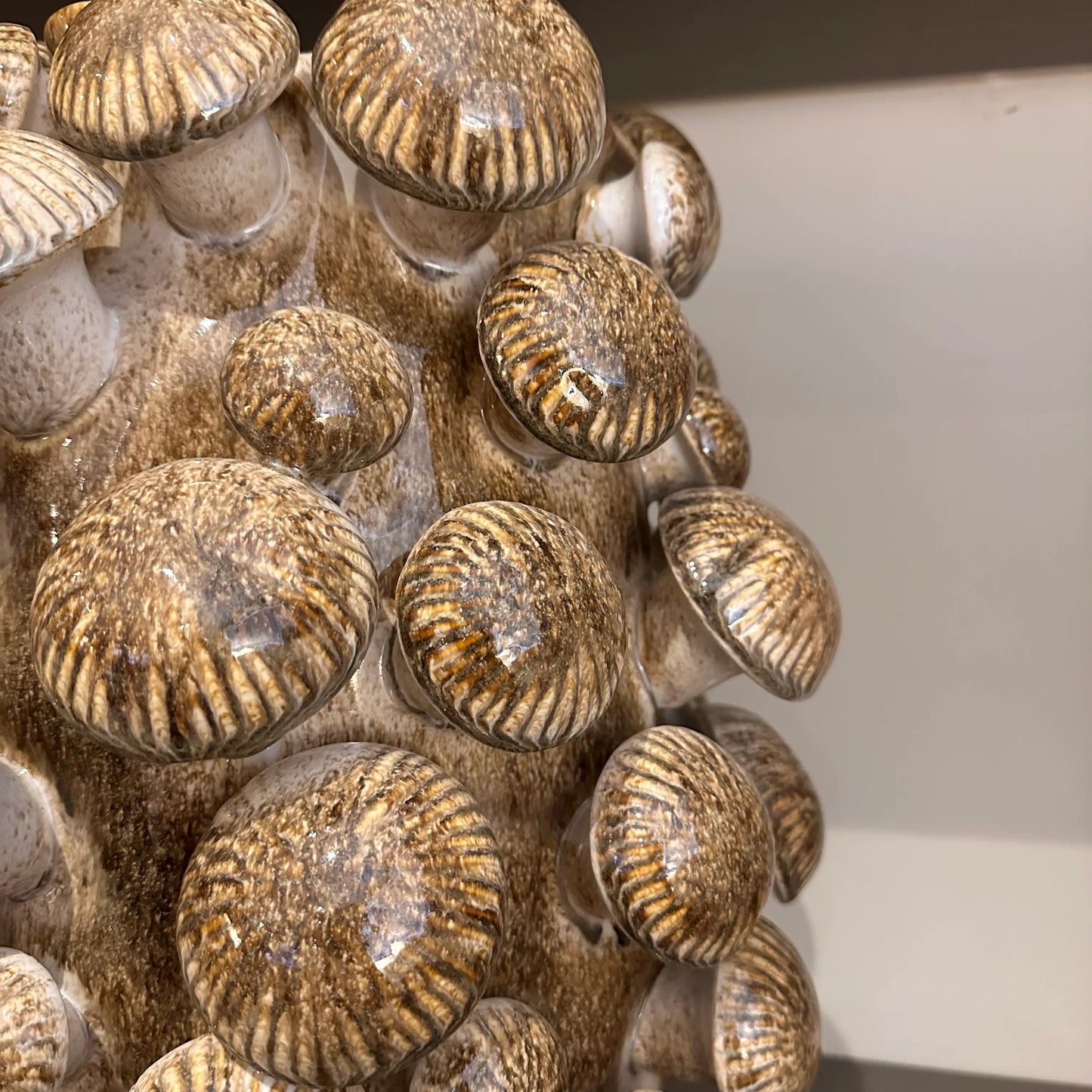 Extra large size Portobello mushroom fungi vase in deep brown with raw natural detailing. Base and 3D mushrooms crafted from ceramic with a smooth shiny finish. Available to purchase from Albury House Interiors.