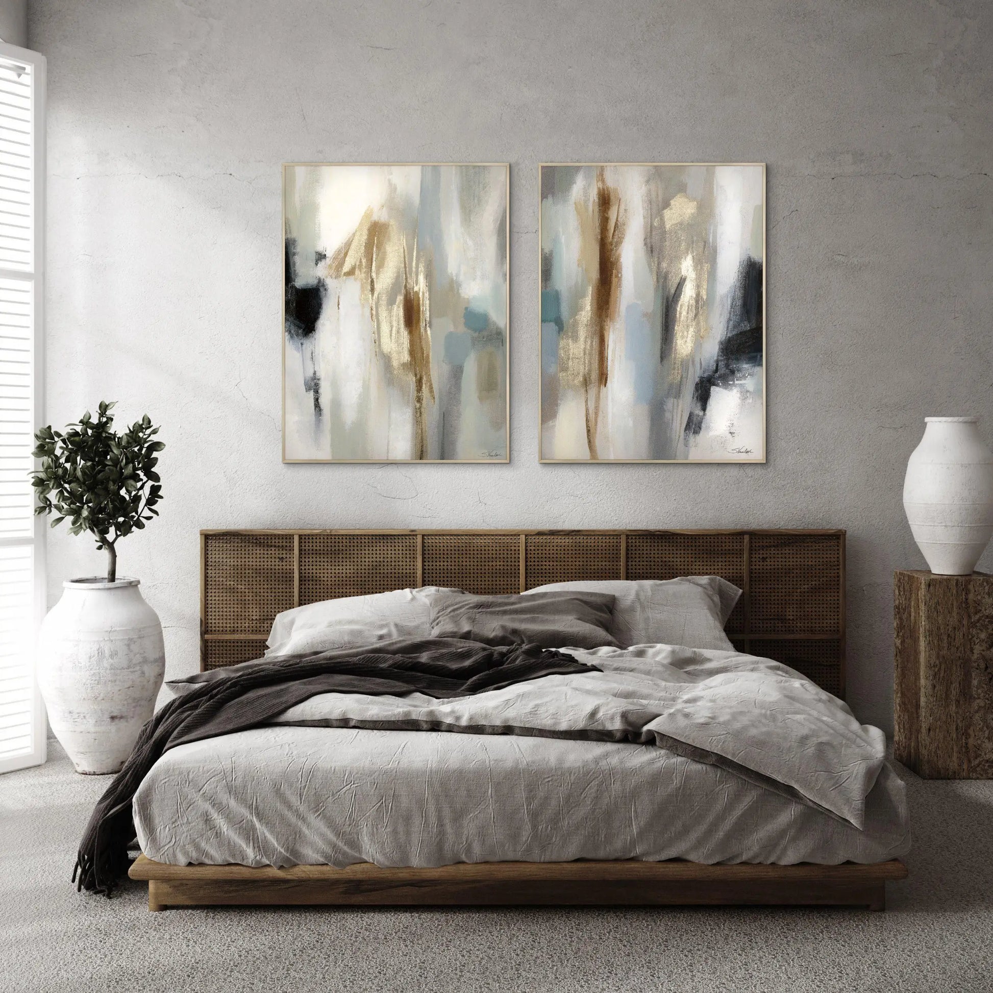 Pair of two wall arts, abstract brushstrokes in muted colours on canvas bases with frames. Available to purchase at Albury House Interiors.