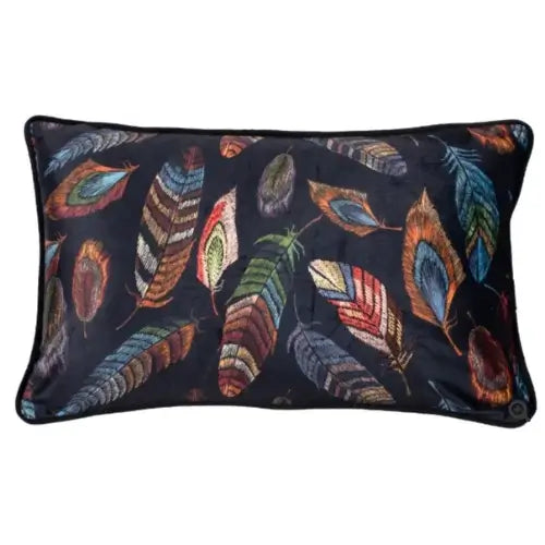 Rectangular shaped black velvet cushion with colourful embroidered feathers and matching black piped edge, complete with feather insert. Available to purchase at Albury House Interiors.