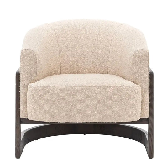 albury-house-interiors-curved-boucle-armchair-dark-wood-frame-front-view
