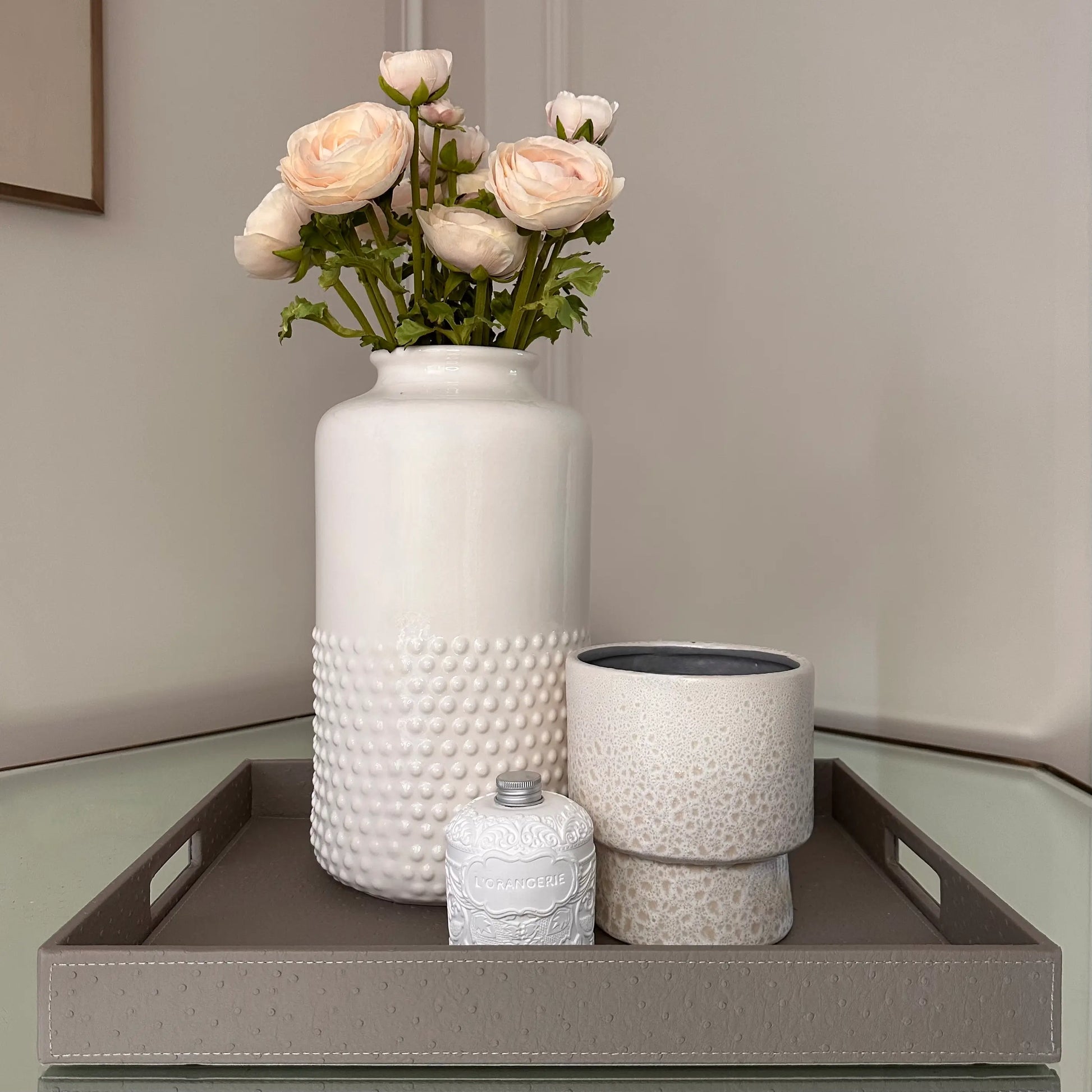 albury-house-interiors-white-ceramic-dimple-vase-on-coffee-table-tray-with-speckle-planter