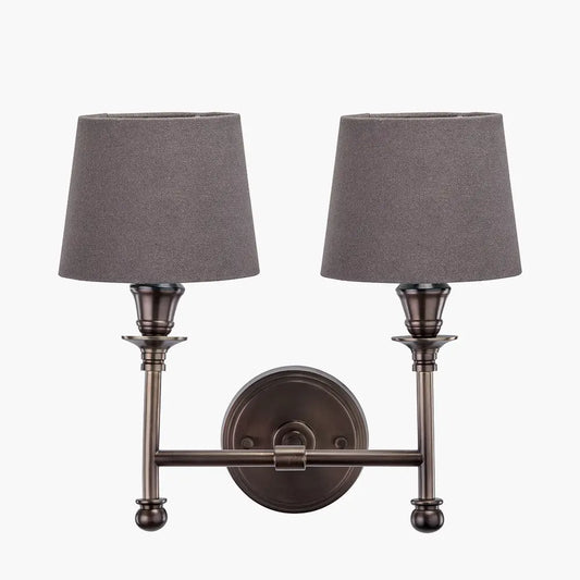 antique-bronze-double-wall-light-with-grey-tapred-shades-at-albury-house-interiors