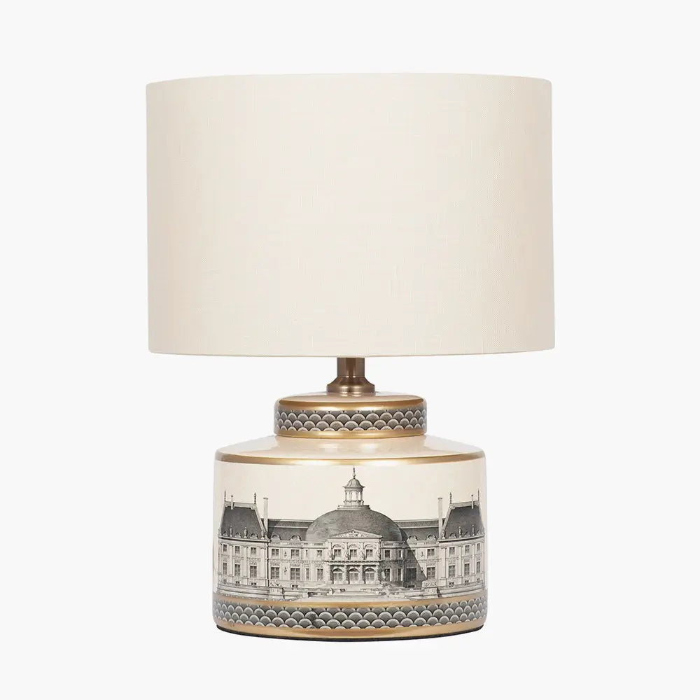 monochrome-black-and-cream-squat-table-lamp-squat-base-with-architectural-buildings-and-gold-detailing-at-albury-house-interiors