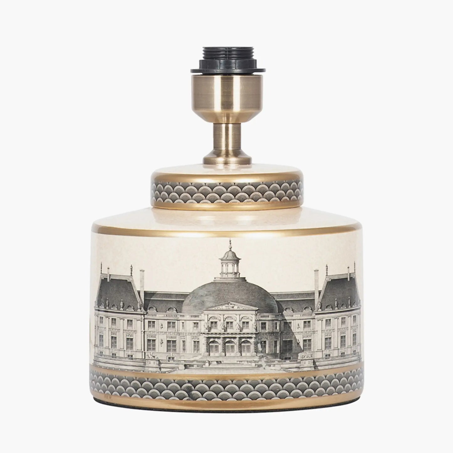 monochrome-black-and-cream-squat-table-lamp-squat-base-with-architectural-buildings-and-gold-detailing-at-albury-house-interiors