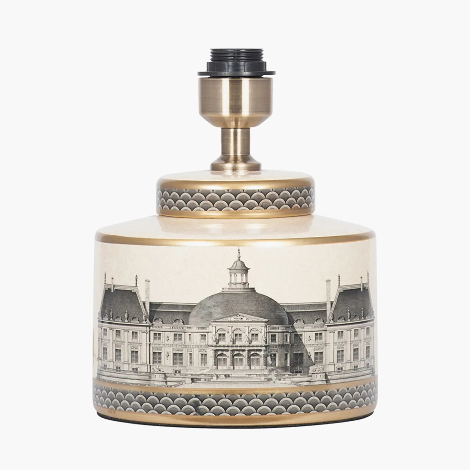 monochrome-black-and-cream-squat-table-lamp-squat-base-with-architectural-buildings-and-gold-detailing-at-albury-house-interiors