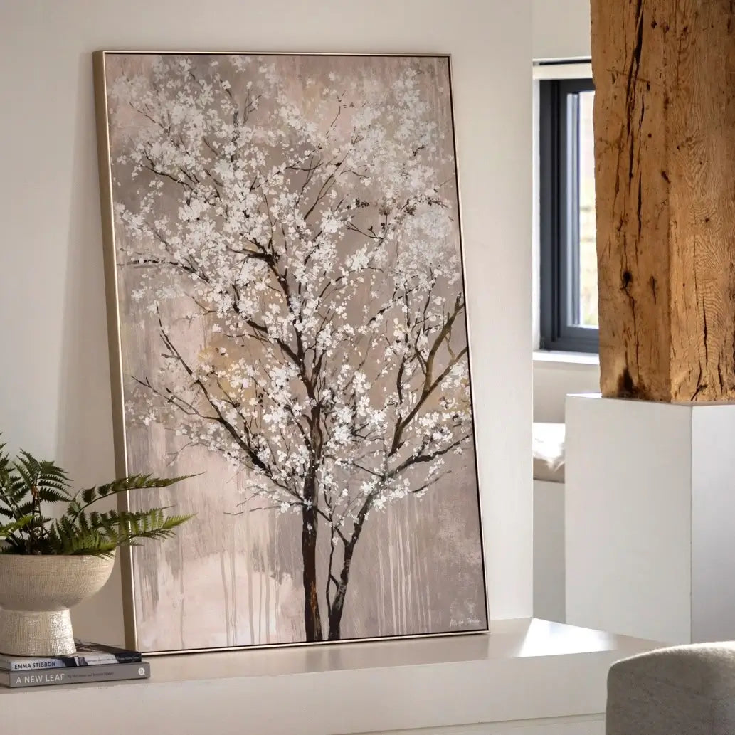 Grey blossom tree framed canvas wall art with wooden frame at Albury House Interiors Harlow, Essex.